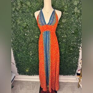 Orange and Blue Patterned Bohemian Maxi Dress